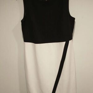 DKNY Black & White Colorblock Asymmetric Hem Sheath